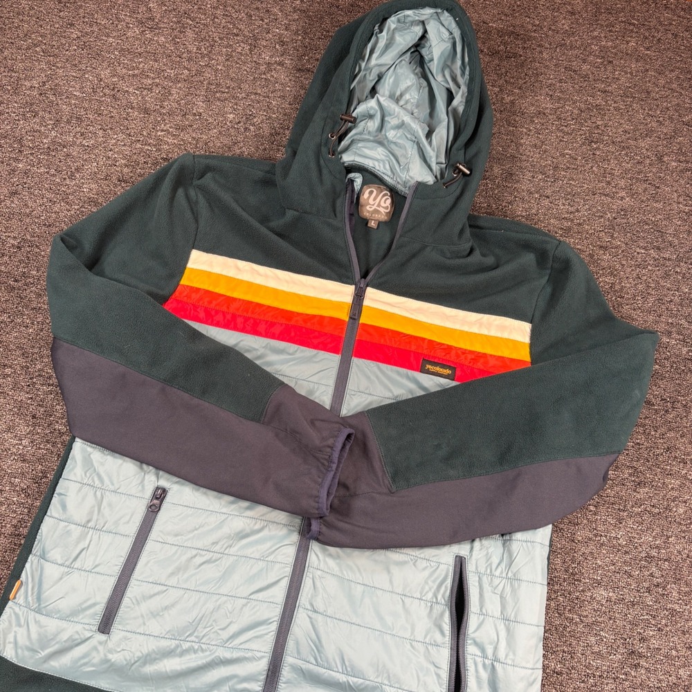 YoColorado Hybrid Fleece Hoodie Mens Large Green Blue Retro Stripe Full Zip
